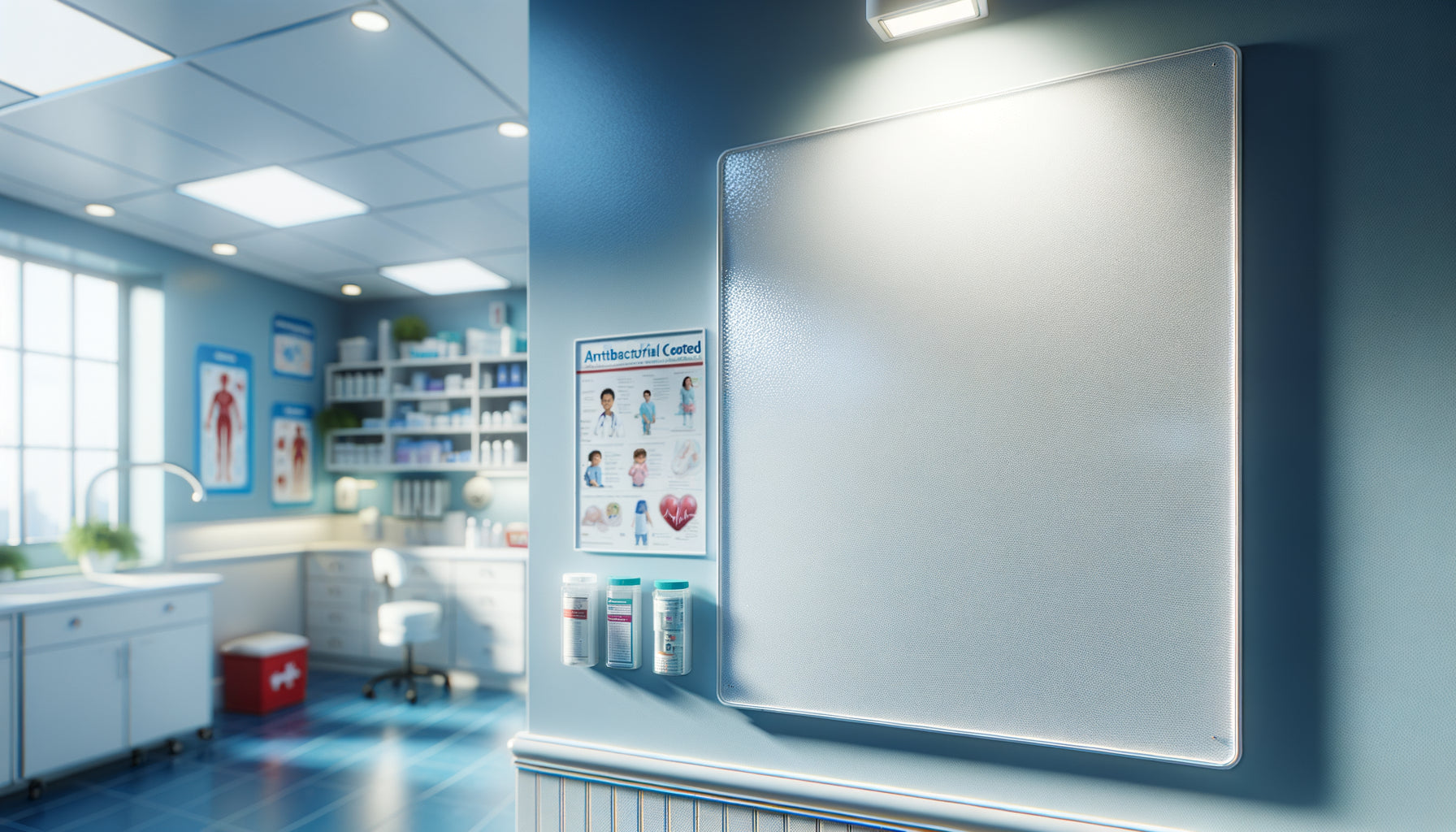Tableau avec vernis antibactérien dans une infirmerie scolaire moderne, surface hygiénique protectrice, environnement médical pédiatrique