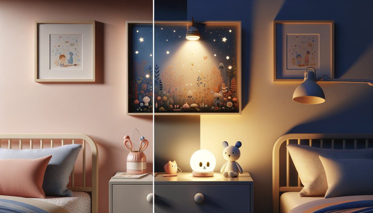 Comparaison tableau vernis brillant vs mat anti-reflet dans chambre enfant avec veilleuse nocturne montrant élimination des reflets