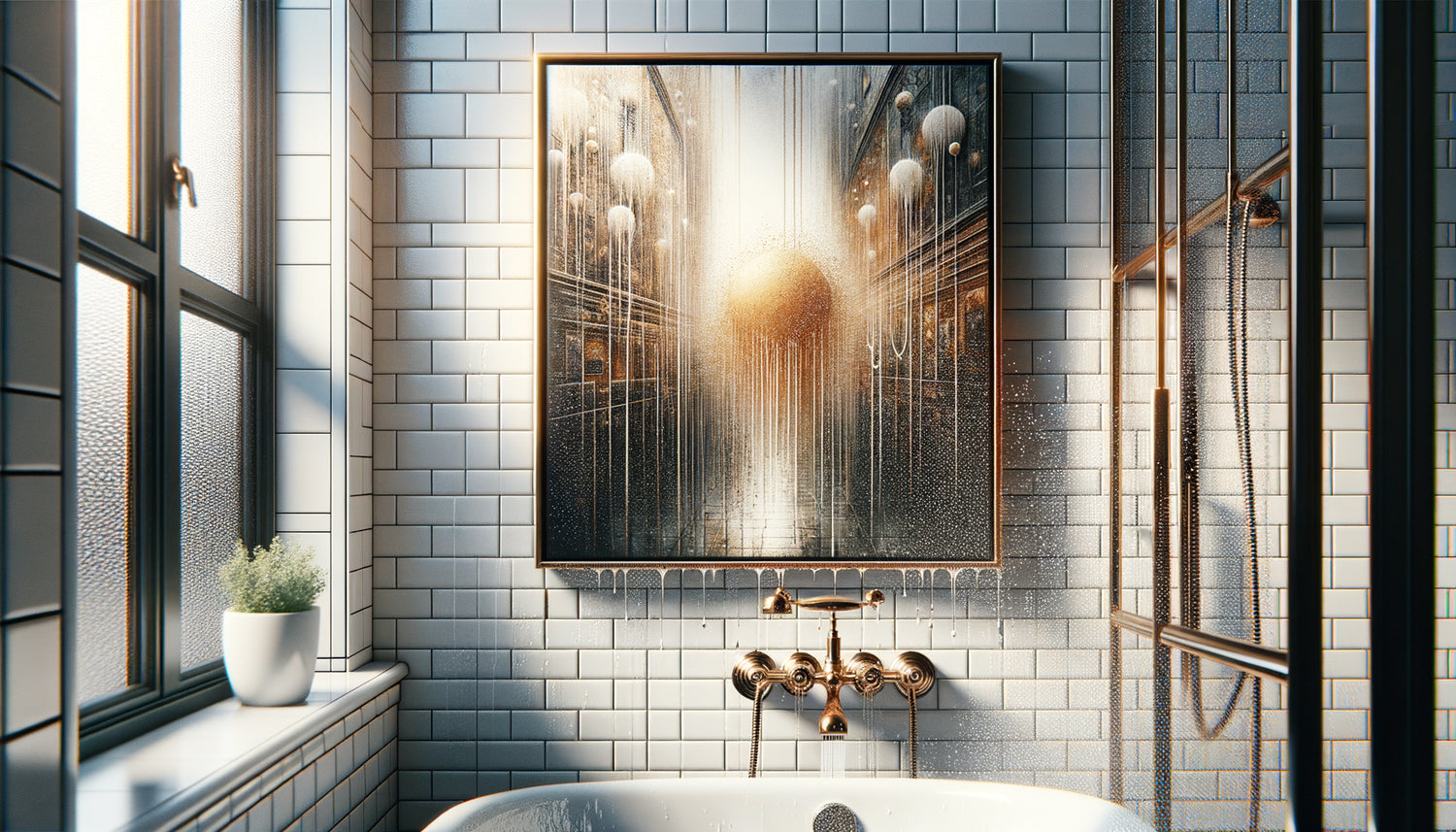 Tableau avec vernis protecteur dans salle de bain moderne, gouttelettes d'eau perlant sur surface vernie résistante à l'humidité