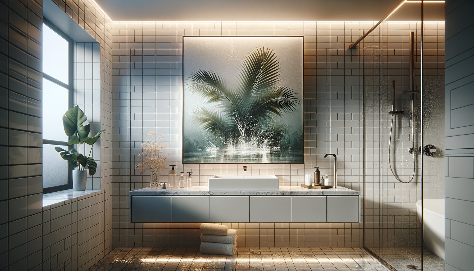 Tableau imprimé sur verre trempé avec motif tropical dans salle de bain moderne minimaliste et lumineuse