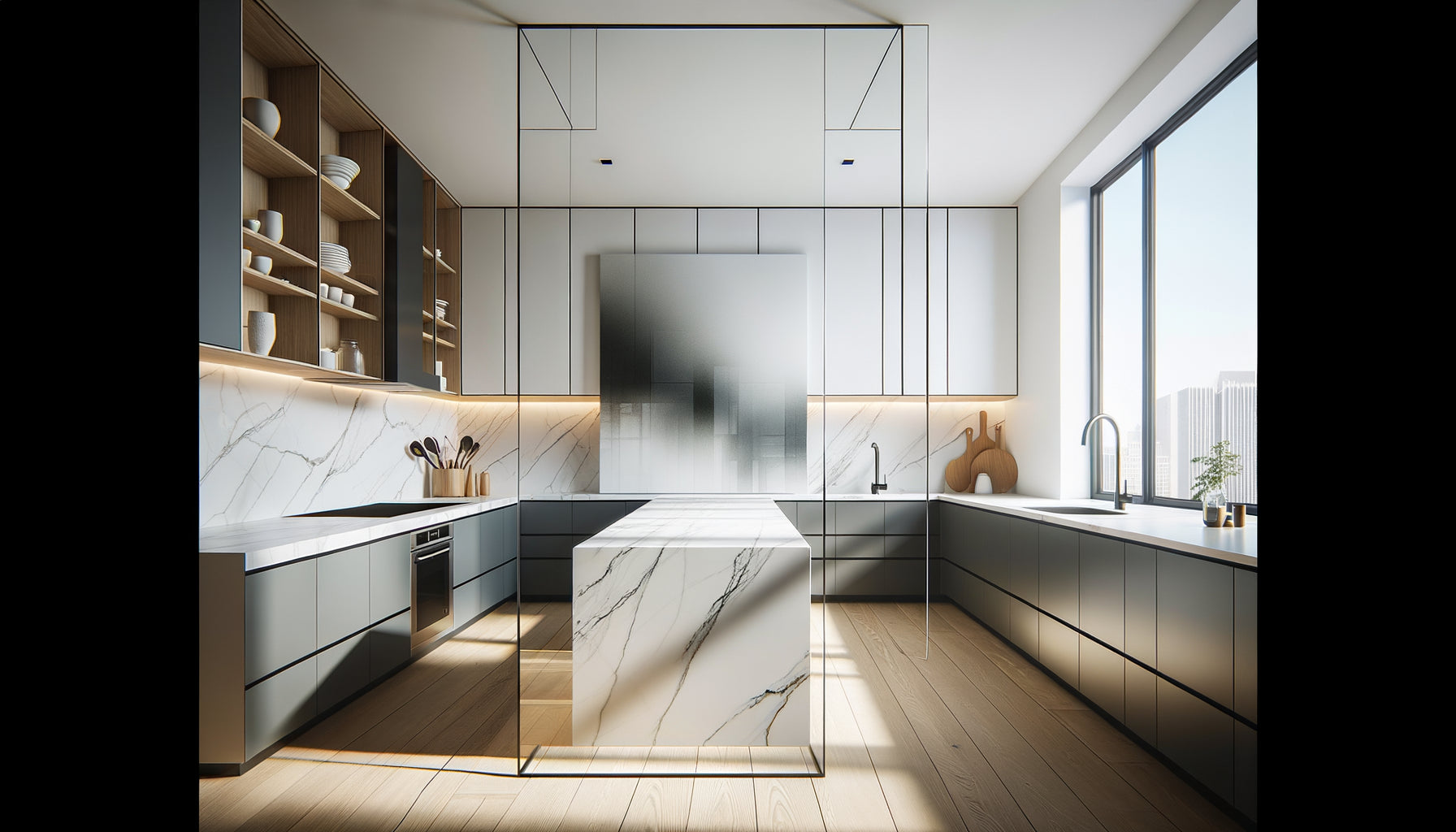 Cuisine design contemporaine avec tableau en verre trempé sans cadre style minimaliste épuré