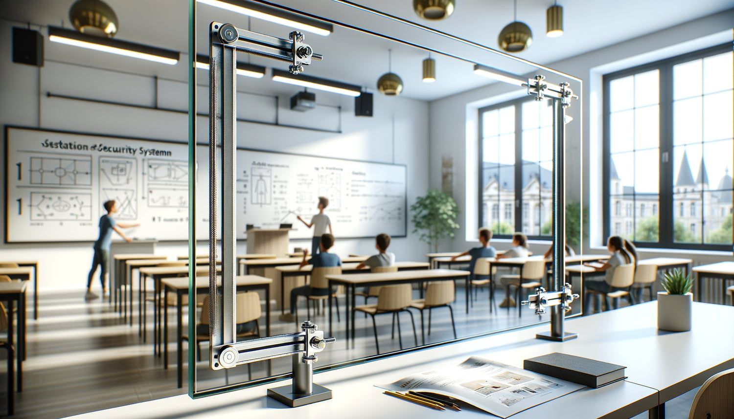 Tableau blanc en verre trempé sécurisé avec système de fixation conforme installé dans une salle de classe de lycée moderne