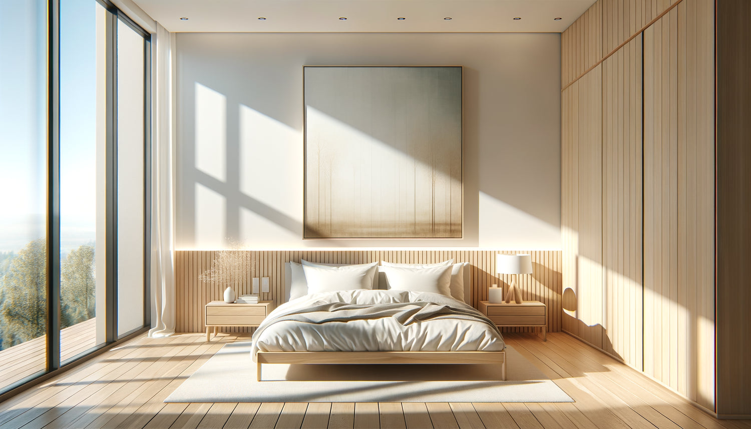 Chambre contemporaine au plafond bas avec tableau vertical au format allongé aux tons clairs créant l'illusion de hauteur