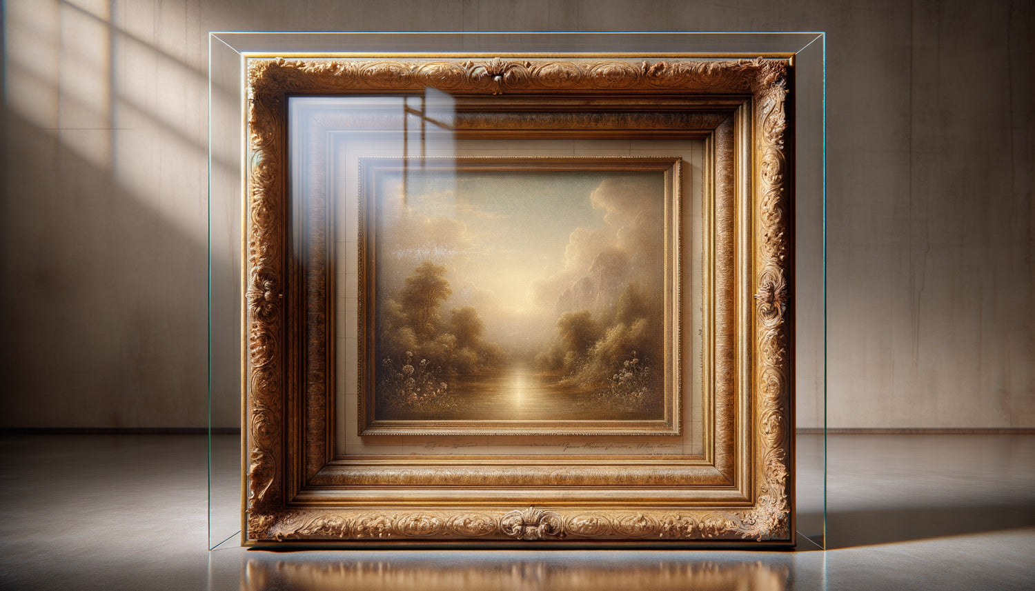 Tableau vintage encadré sous verre avec détails du cadre ancien doré et léger effet d'humidité visible