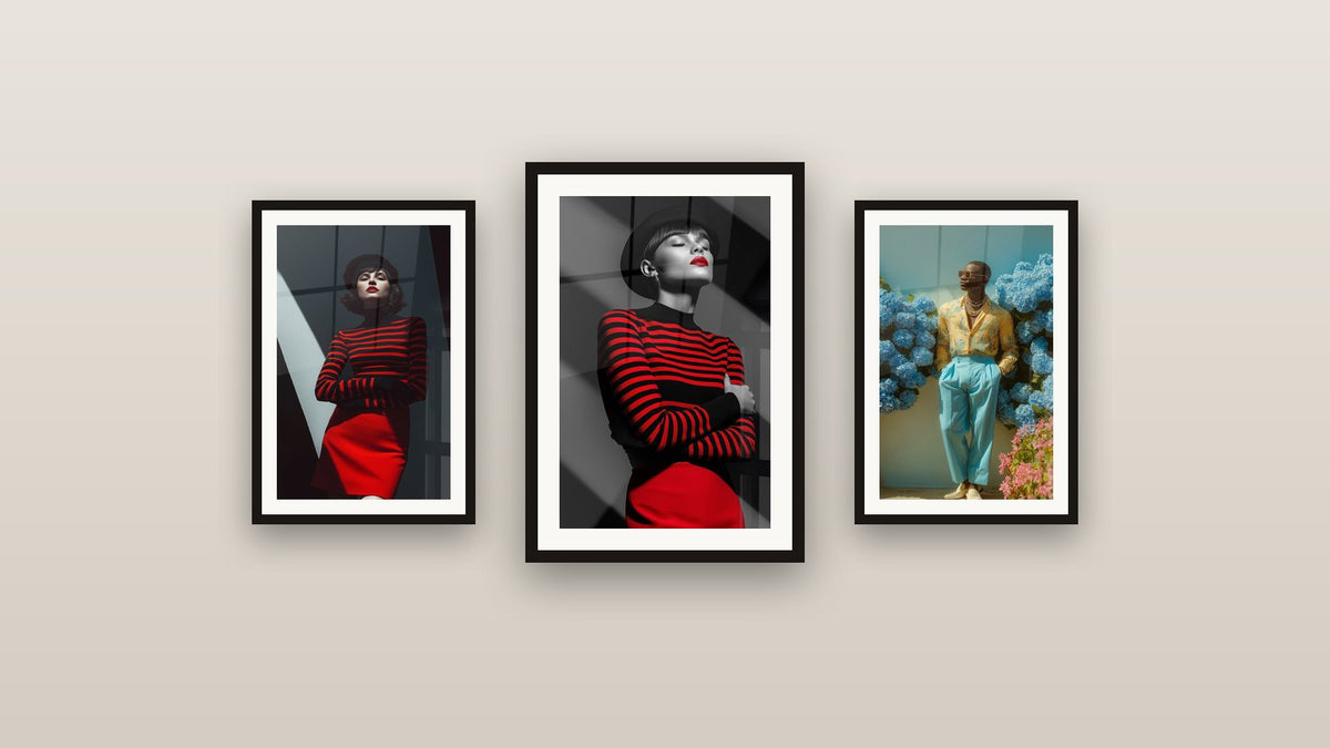 Gallery wall with three framed paintings, including Woman beret black skirt red arms crossed