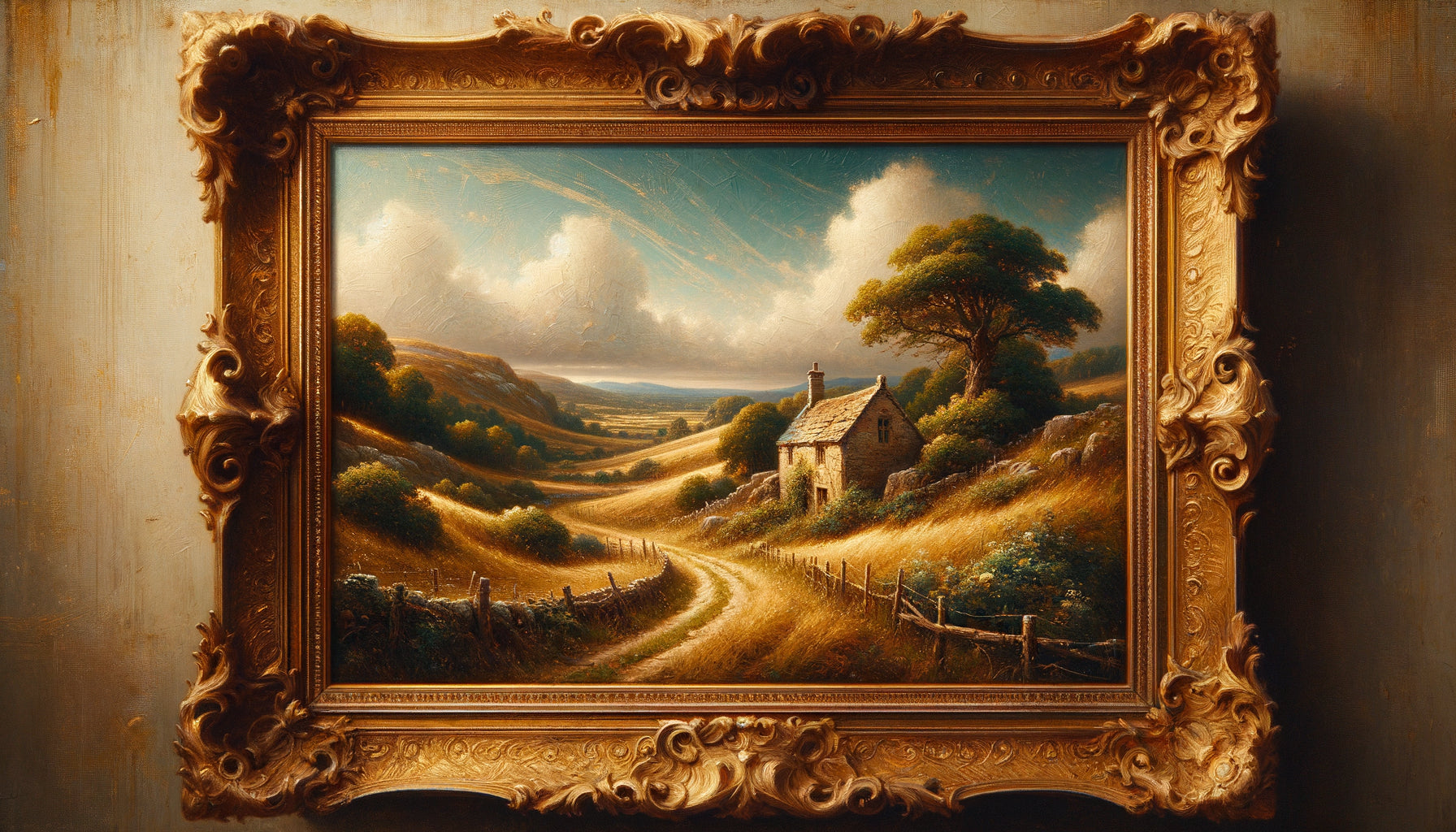 Tableau vintage authentique de petit maître du 19ème siècle, paysage académique avec cadre doré ancien et patine d'époque