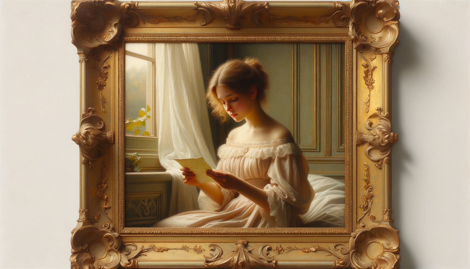 Tableau romantique vintage authentique du 19ème siècle, peinture à l'huile avec patine d'époque et cadre doré ancien