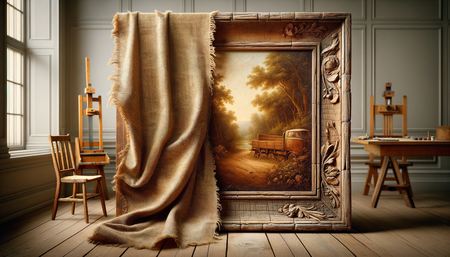 Comparaison rapprochée entre tableau vintage sur toile textile et sur panneau rigide en bois, détails de texture et support