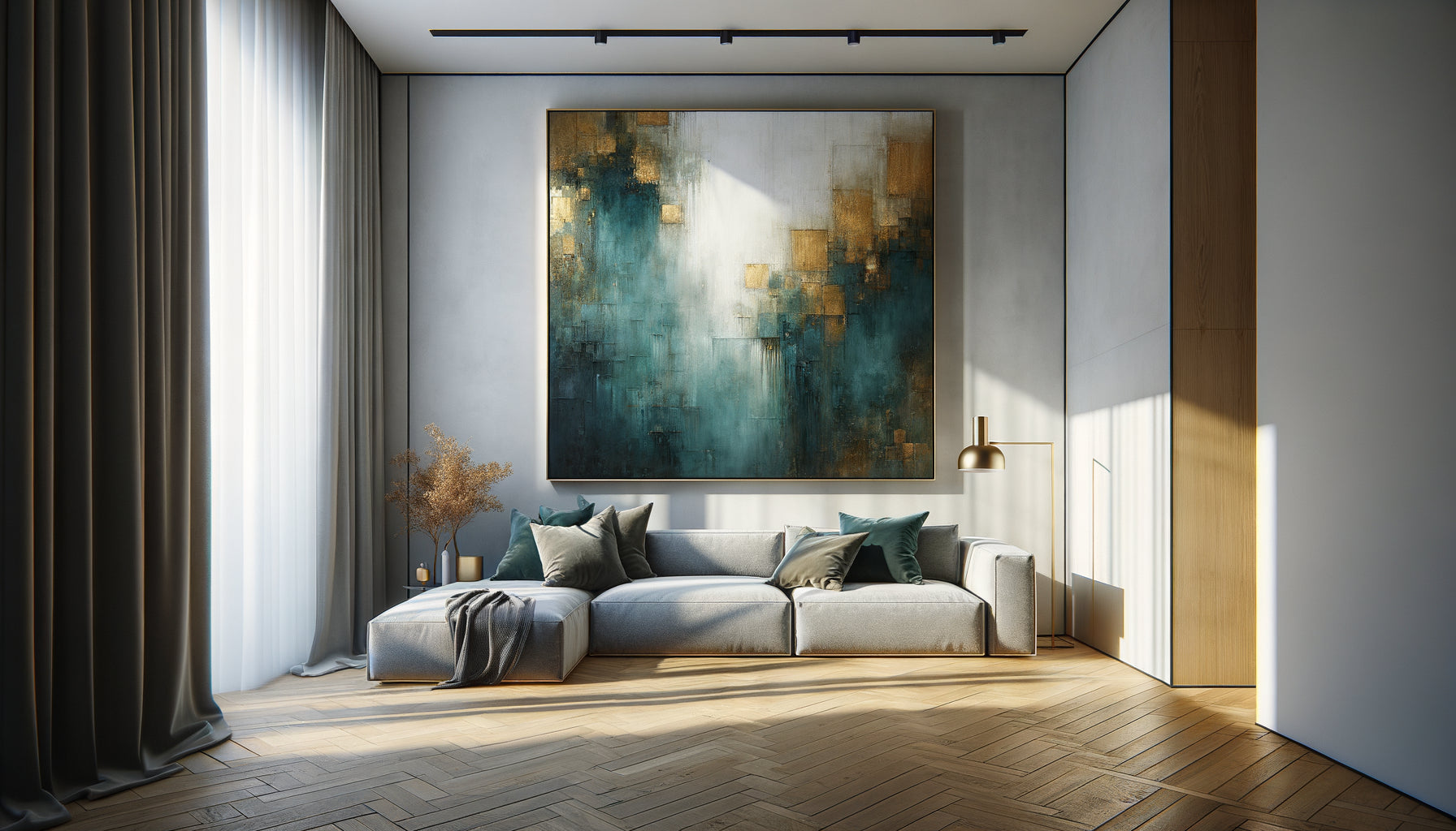 Petit salon contemporain avec tableau XXL abstrait dominant le mur, démontrant l'impact visuel dans un espace compact