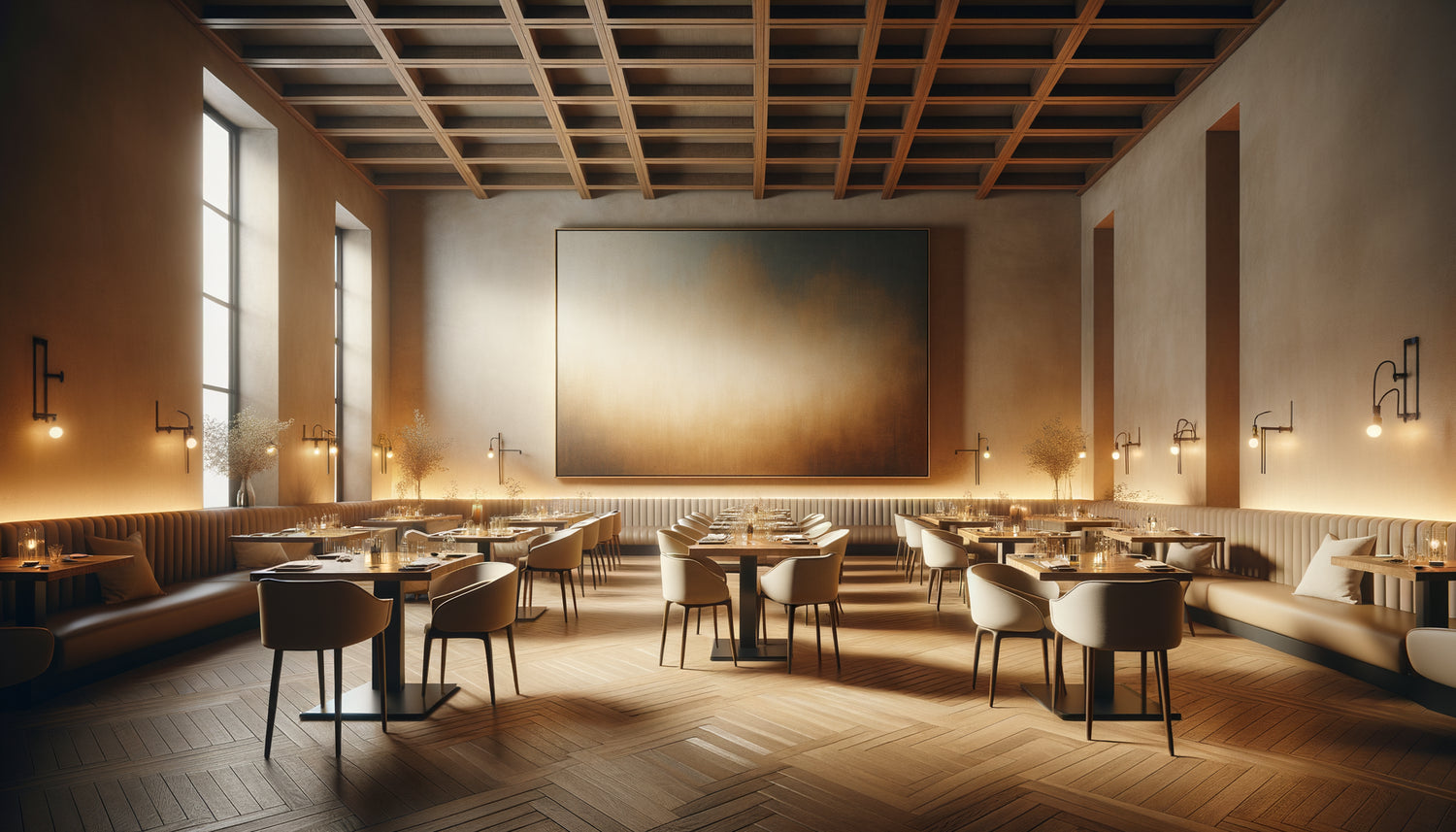 Restaurant contemporain avec plafond bas mettant en valeur un tableau mural XXL horizontal positionné stratégiquement à hauteur optimale