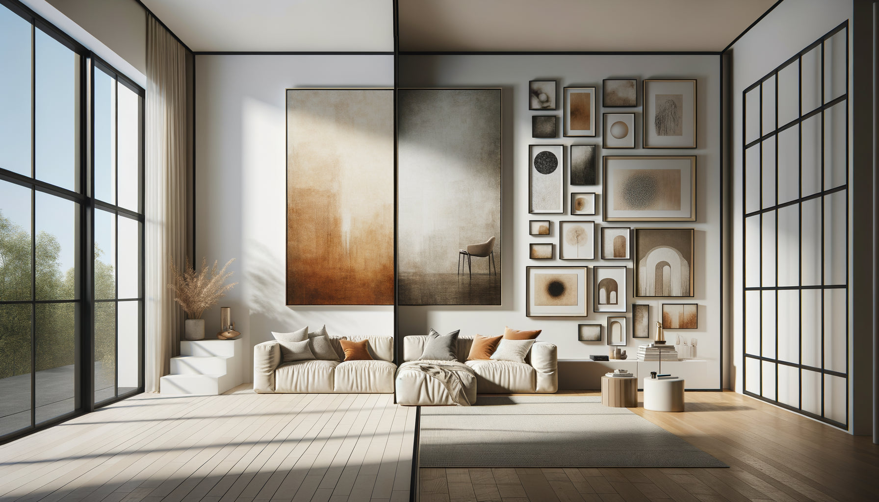 Comparaison visuelle entre un tableau XXL unique et une composition murale de petits cadres sur grand mur contemporain
