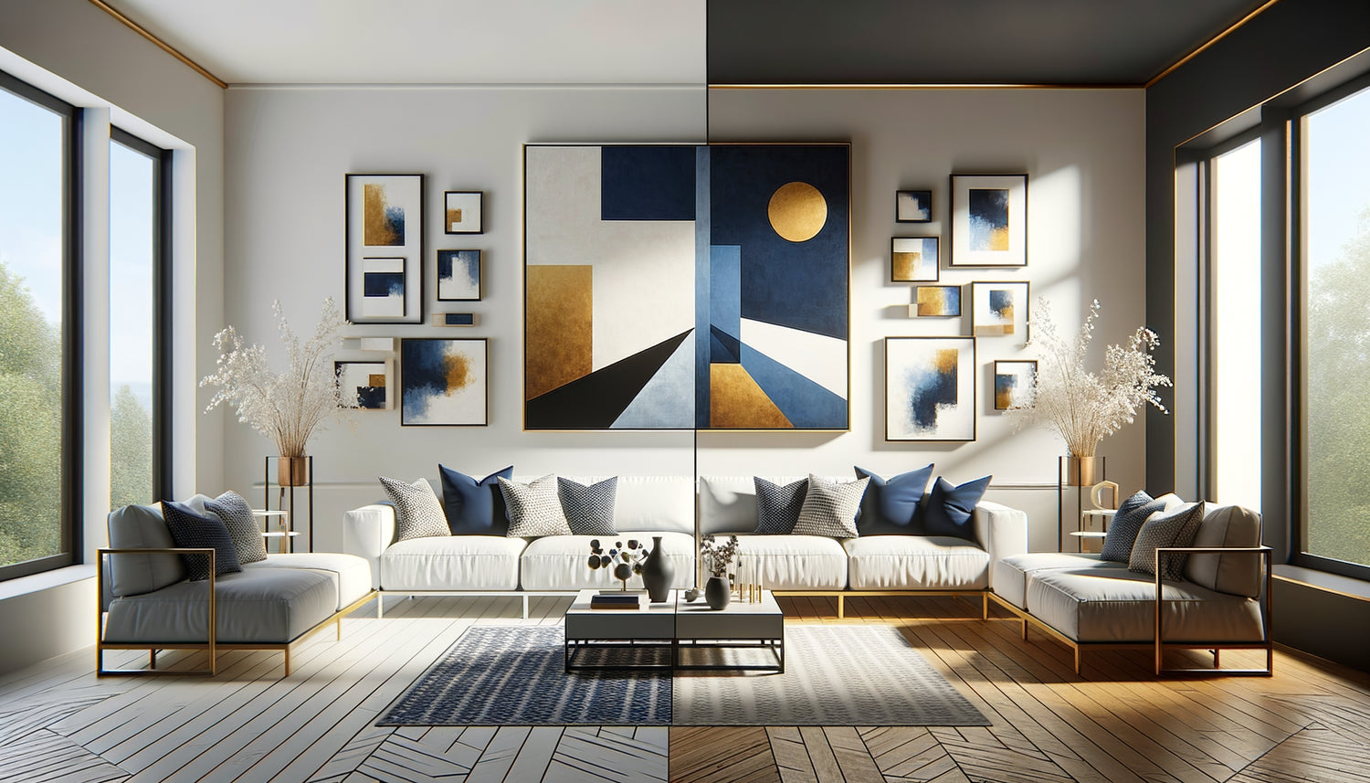 Comparaison visuelle intérieur moderne : impact tableau XXL versus composition petits formats sur mur principal