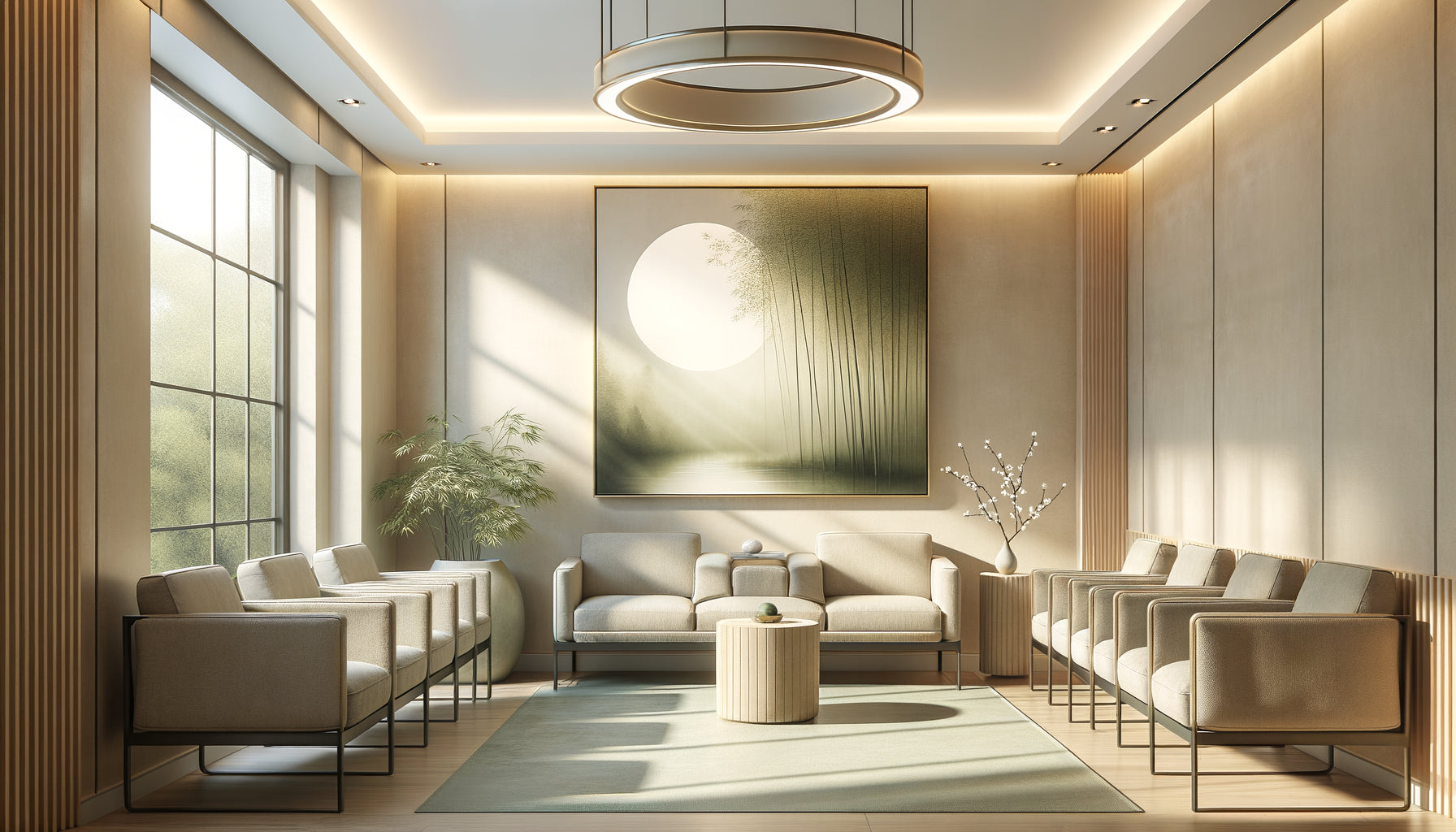 Tableau zen apaisant avec bambous dans une salle d'attente médicale moderne aux tons neutres et lumineux