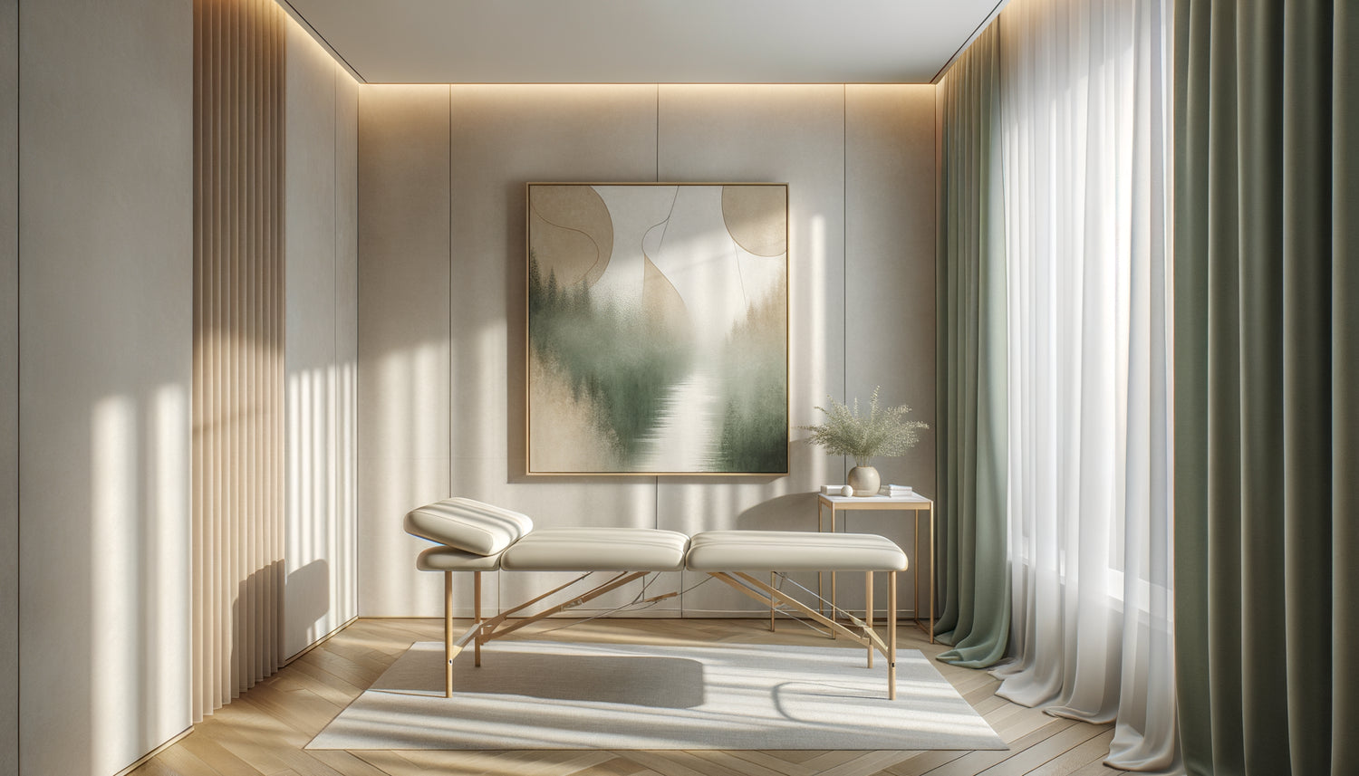 Tableau zen aux tons naturels apaisants dans un cabinet d'ostéopathie moderne et minimaliste favorisant la détente