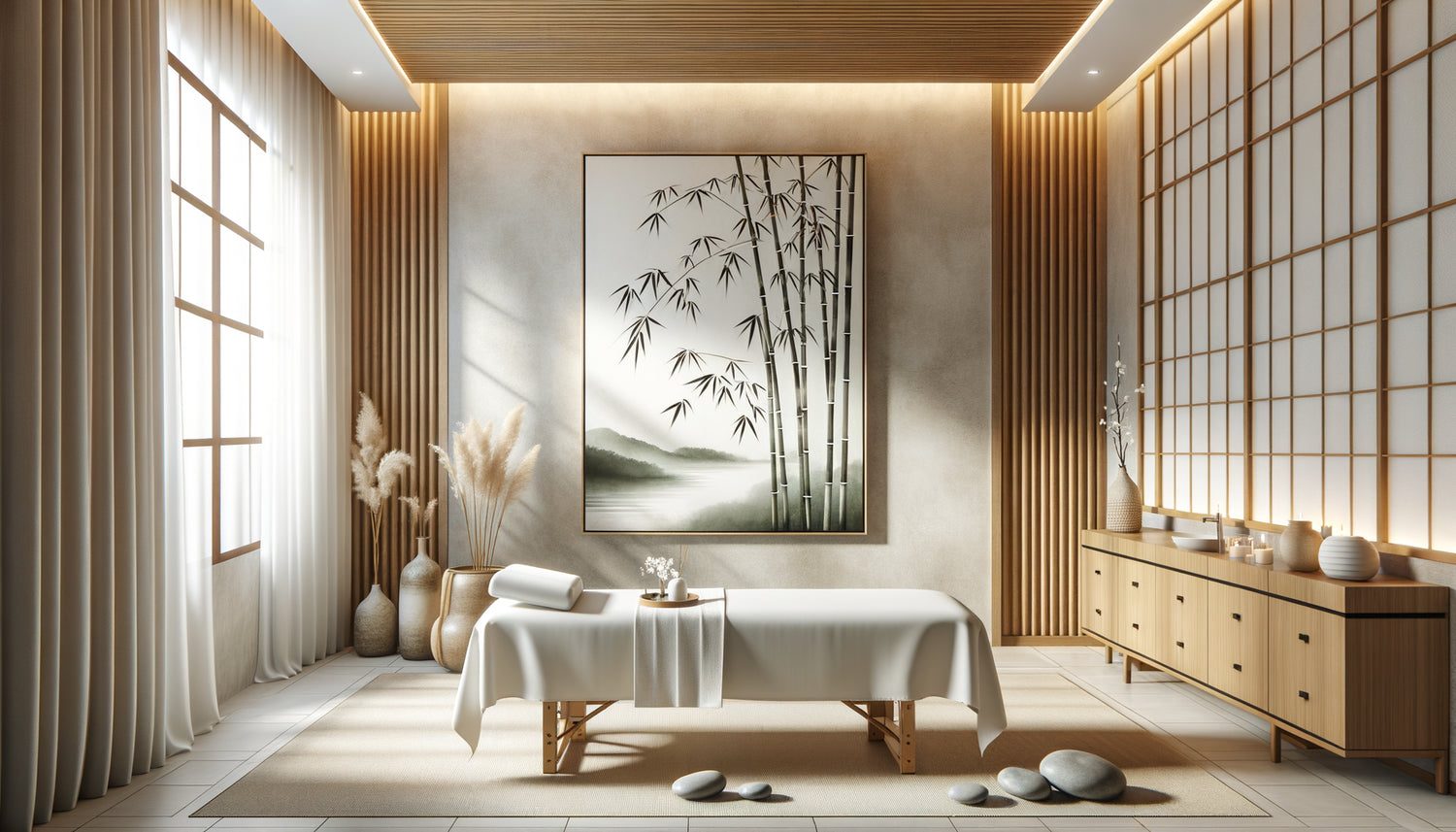 Tableau zen minimaliste avec bambous dans une salle de soin moderne de centre wellness aux tons naturels