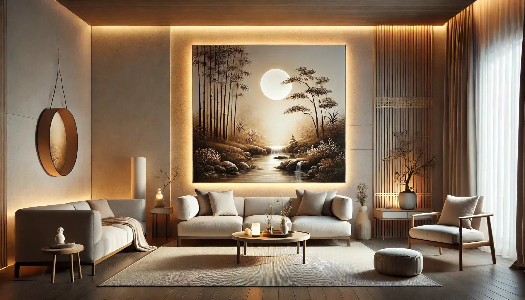 Éclairage doux sublimant un tableau zen pour salon représentant un paysage naturel apaisant, avec un halo lumineux créant une ambiance relaxante et harmonieuse.