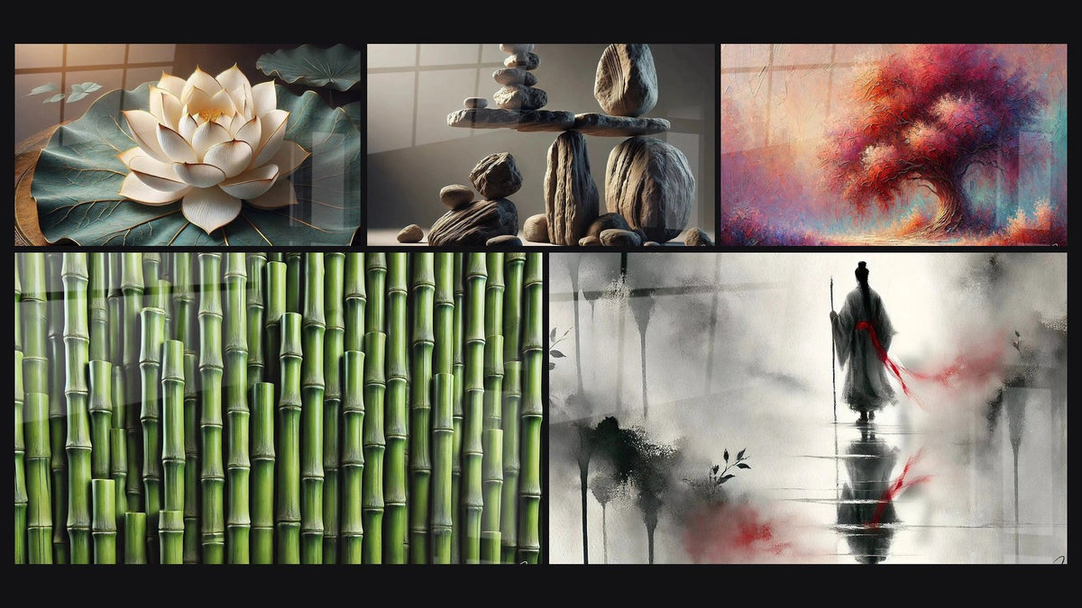 Mosaïque de cinq tableaux, dont Pureté Sacrée, Lignes de Nature et Éphémère Stabilité