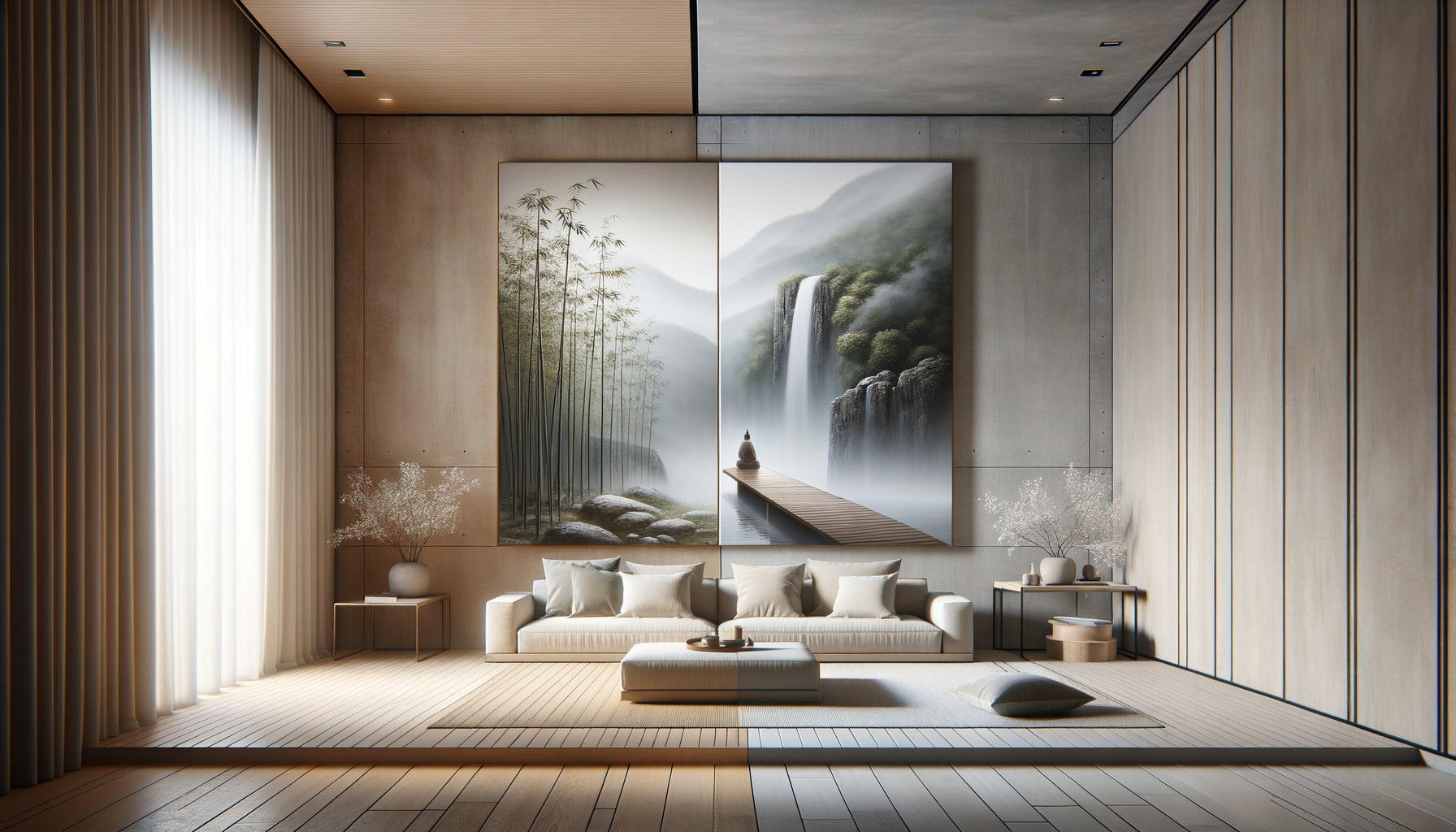 Comparaison visuelle entre tableau zen horizontal dilatant l'espace et tableau zen vertical créant de la hauteur dans intérieur contemporain minimaliste