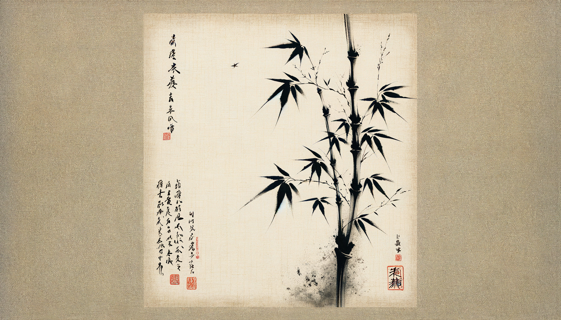 Peinture zen japonaise traditionnelle à l'encre représentant un bambou minimaliste sur papier de riz, œuvre d'artiste reconnu