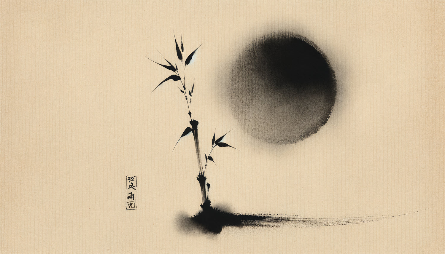 Peinture zen japonaise traditionnelle à l'encre sumi-e, bambou minimaliste sur papier de riz avec vaste espace vide contemplatif