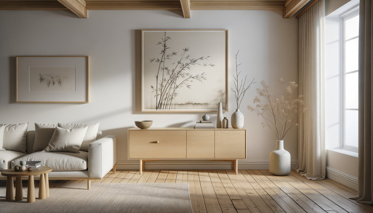 Intérieur scandinave minimaliste avec tableau zen sumi-e, meubles nordiques en bois clair, harmonie esthétique épurée