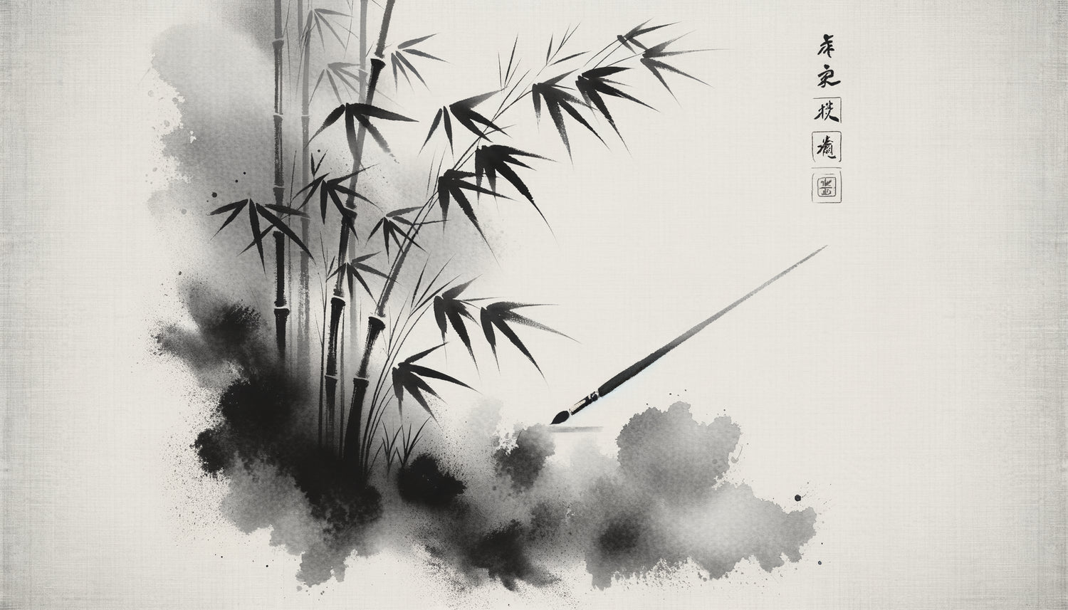 Peinture zen traditionnelle à l'encre de Chine monochrome, bambous dans des tons gris sur papier de riz