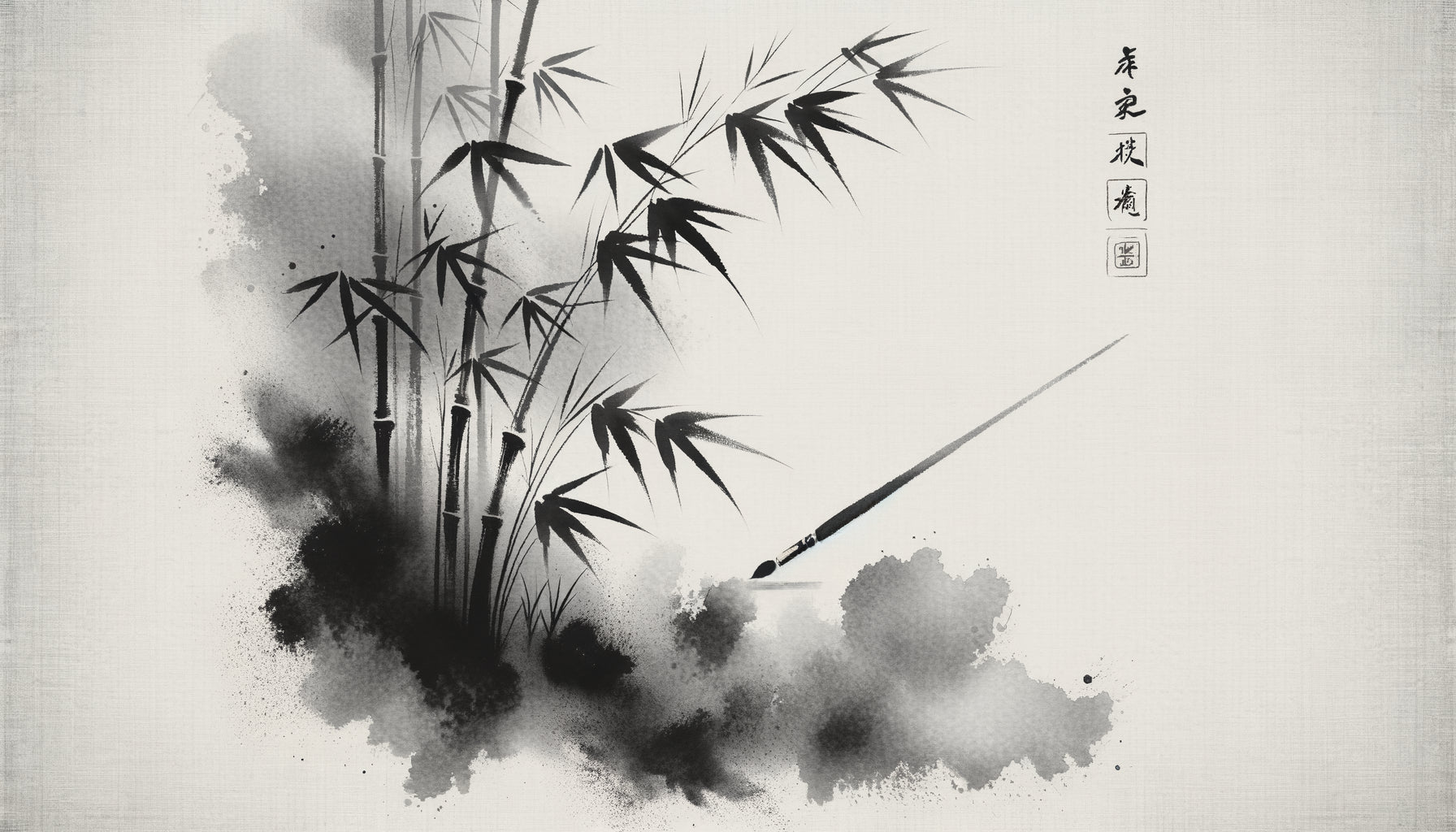 Peinture zen traditionnelle à l'encre de Chine monochrome, bambous dans des tons gris sur papier de riz
