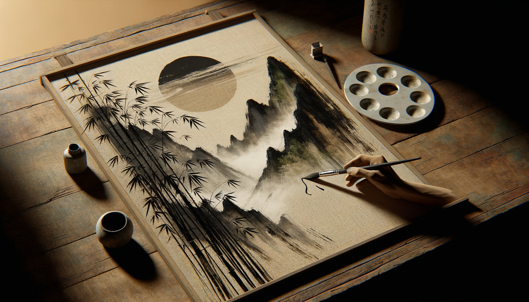 Tableau zen original peint main avec coups de pinceau visibles, bambous et montagnes brumeuses, création artisanale authentique