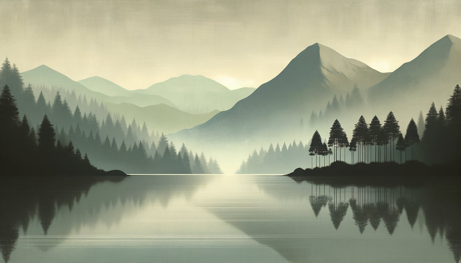 Tableau zen contemporain minimaliste représentant montagnes brumeuses et lac calme aux tons apaisants gris-bleu-vert