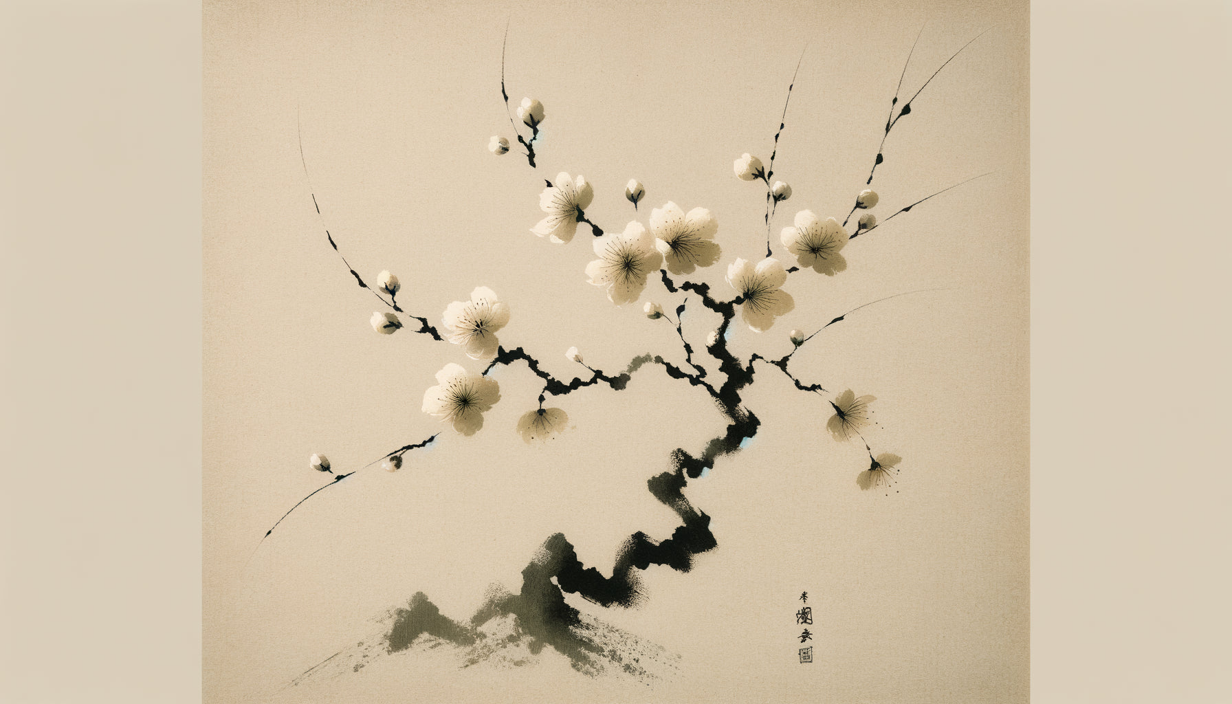 Peinture zen minimaliste avec branche de cerisier à l'encre sur papier texturé, tons naturels apaisants