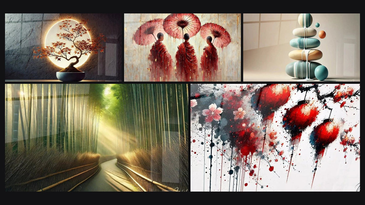 Mosaïque de cinq tableaux, dont Équilibre Lumineux, Échos Spirituels et Allée Zen