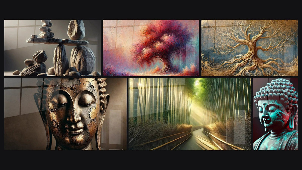 Mosaïque de six tableaux, dont Éphémère Stabilité, Éclat de Sagesse et Arbre des Rêves