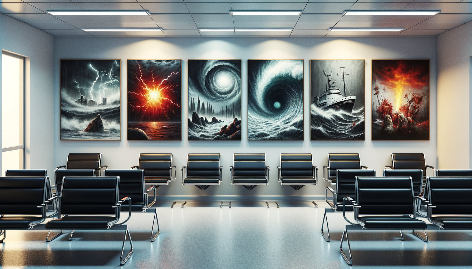 Salle d'attente d'urgences avec tableaux anxiogènes inappropriés : tempête, abstrait agressif, scènes perturbantes à éviter