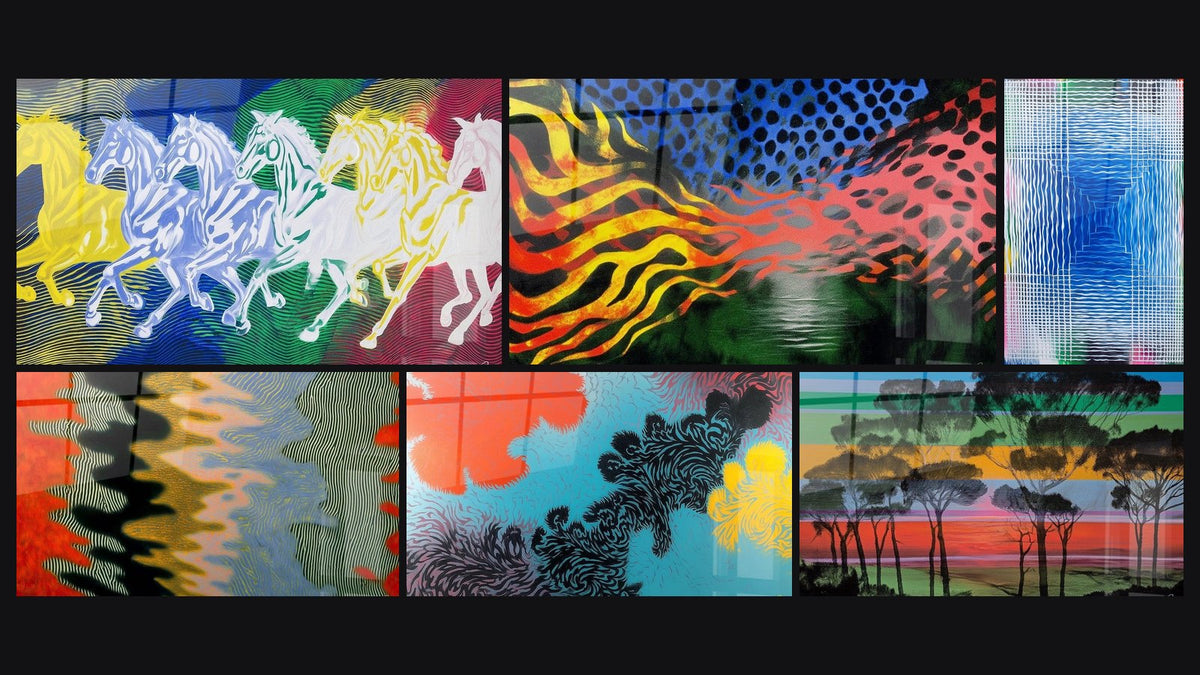 Mosaïque de six tableaux, dont Chevaux Galop Hypnotique et Ondulations Distorsion Visuelle