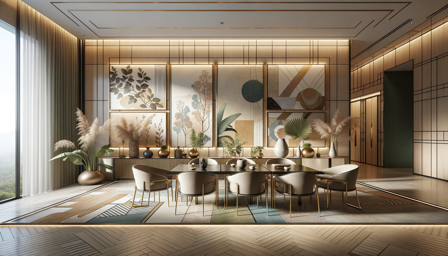 Intérieur professionnel contemporain avec œuvres abstraites aux tons naturels et motifs universels pour clientèle multiculturelle