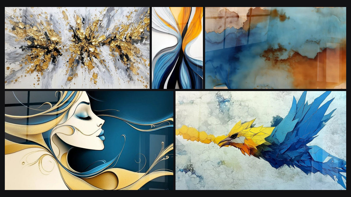 Mosaïque de cinq tableaux, dont Explosion dorée et grise sur fond blanc, Flux dynamiques colorés et Femme profil élégant