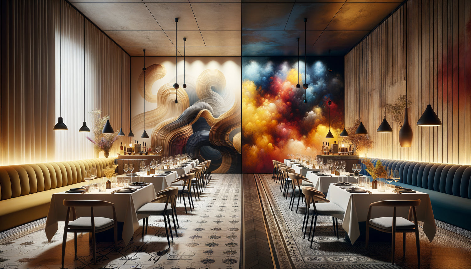 Comparaison intérieurs restaurant gastronomique et bistro avec tableaux abstraits colorés adaptés à chaque ambiance