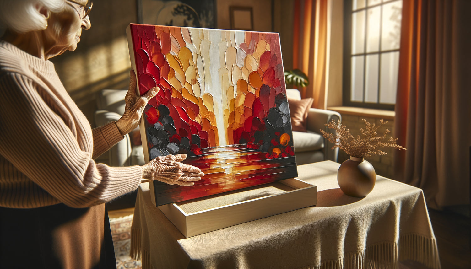 Personne senior tenant tableau grand format aux couleurs chaudes contrastées, éclairage optimisé pour vision mature