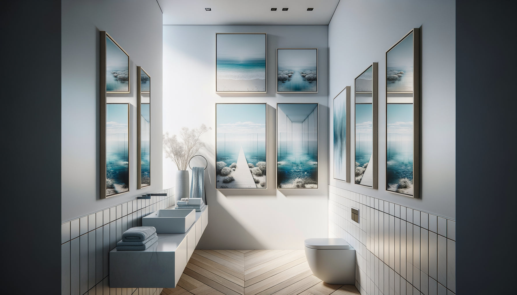 Petite salle de bain moderne avec tableaux aux tons froids et perspectives créant une illusion d'espace agrandi