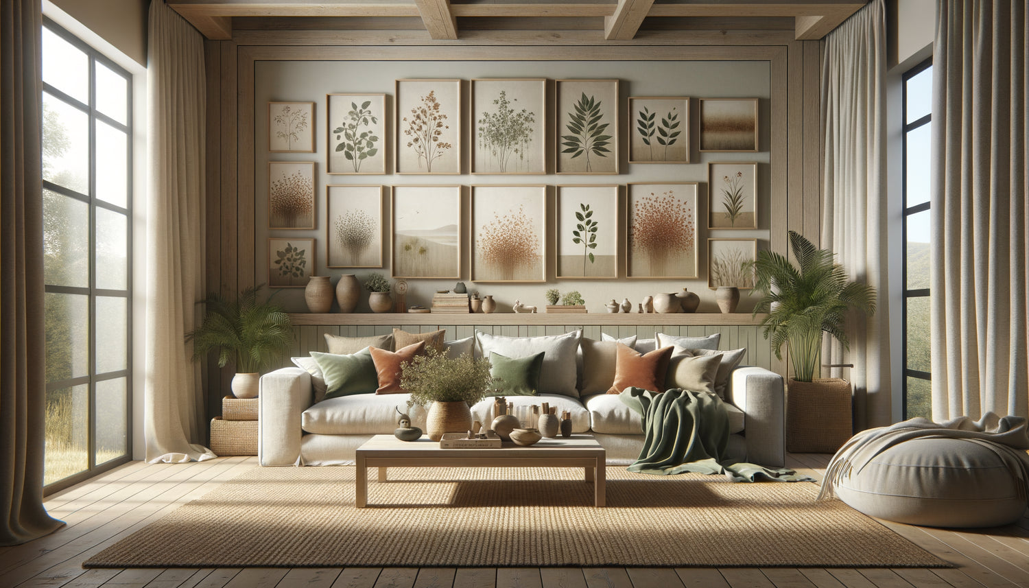 Décoration murale campagne chic sophistiquée pour Airbnb, tableaux contemporains botaniques et paysages minimalistes