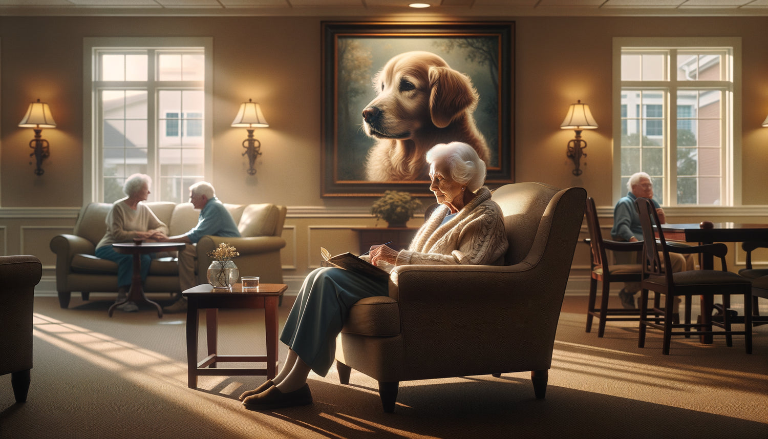 Résidente senior touchant tendrement un tableau de chien dans un salon de maison de retraite chaleureux