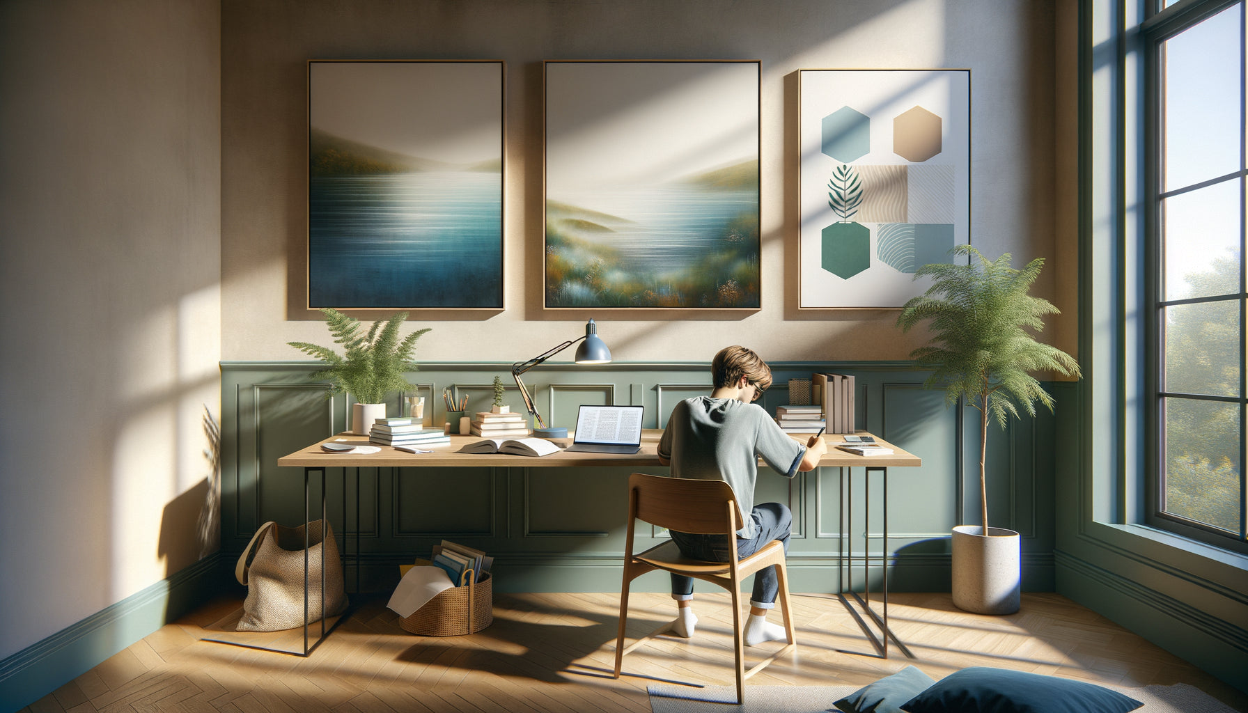Étudiant serein travaillant dans espace d'étude décoré de tableaux apaisants aux tons bleus et verts, ambiance calme anti-stress