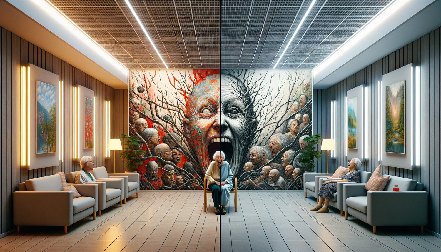 Comparaison visuelle entre tableaux anxiogènes et œuvres apaisantes dans un environnement adapté aux seniors
