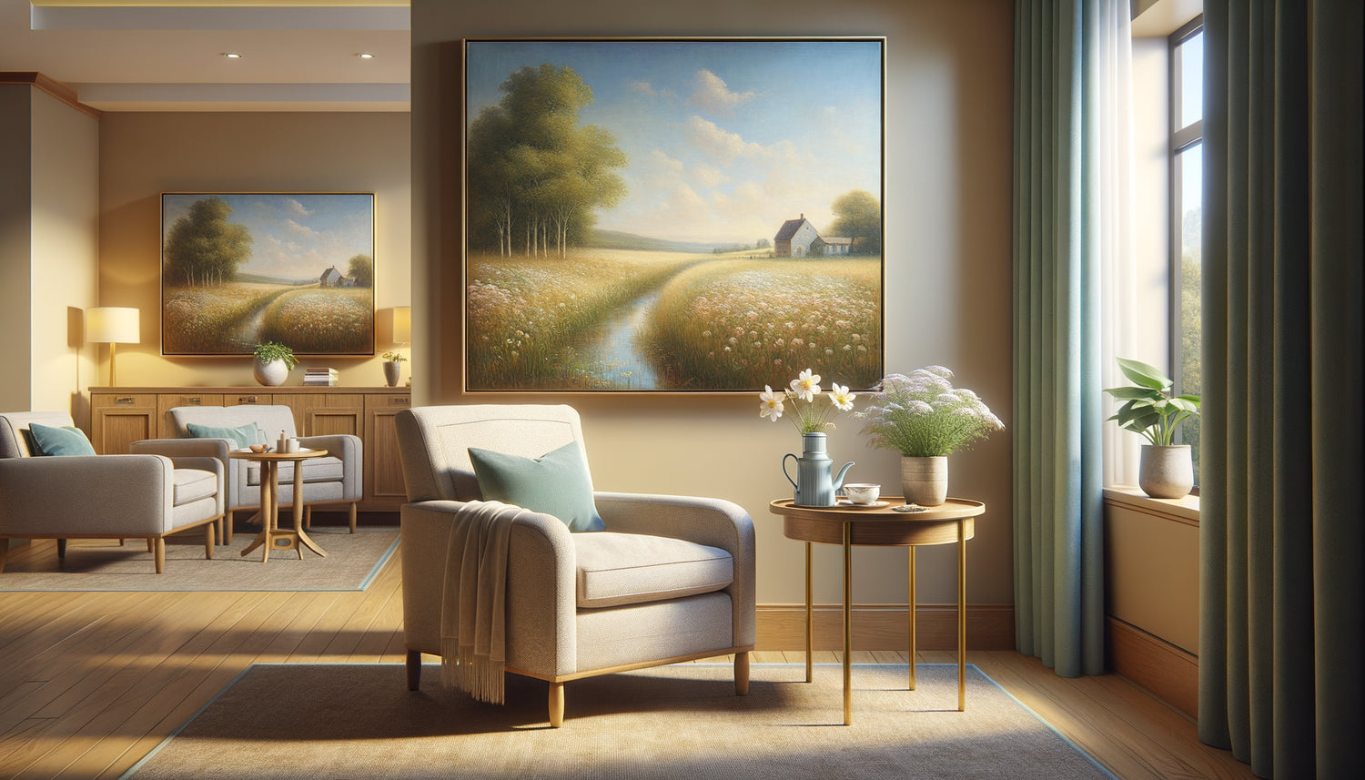 Espace de repos apaisant en résidence seniors avec tableau de paysage pastoral aux couleurs douces