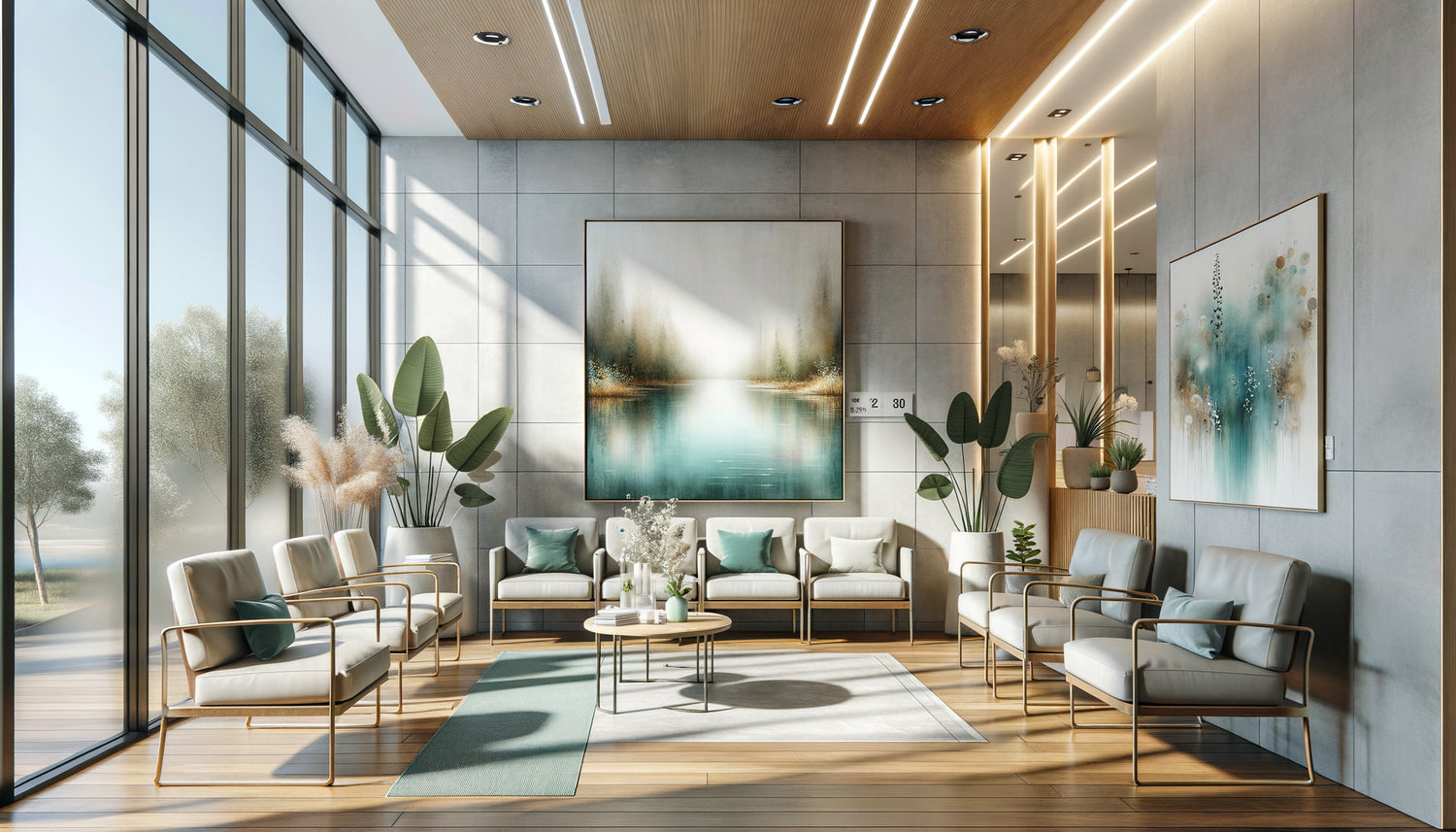 Salle d'attente médicale moderne avec tableaux apaisants aux tons bleus et verts, ambiance calme et thérapeutique