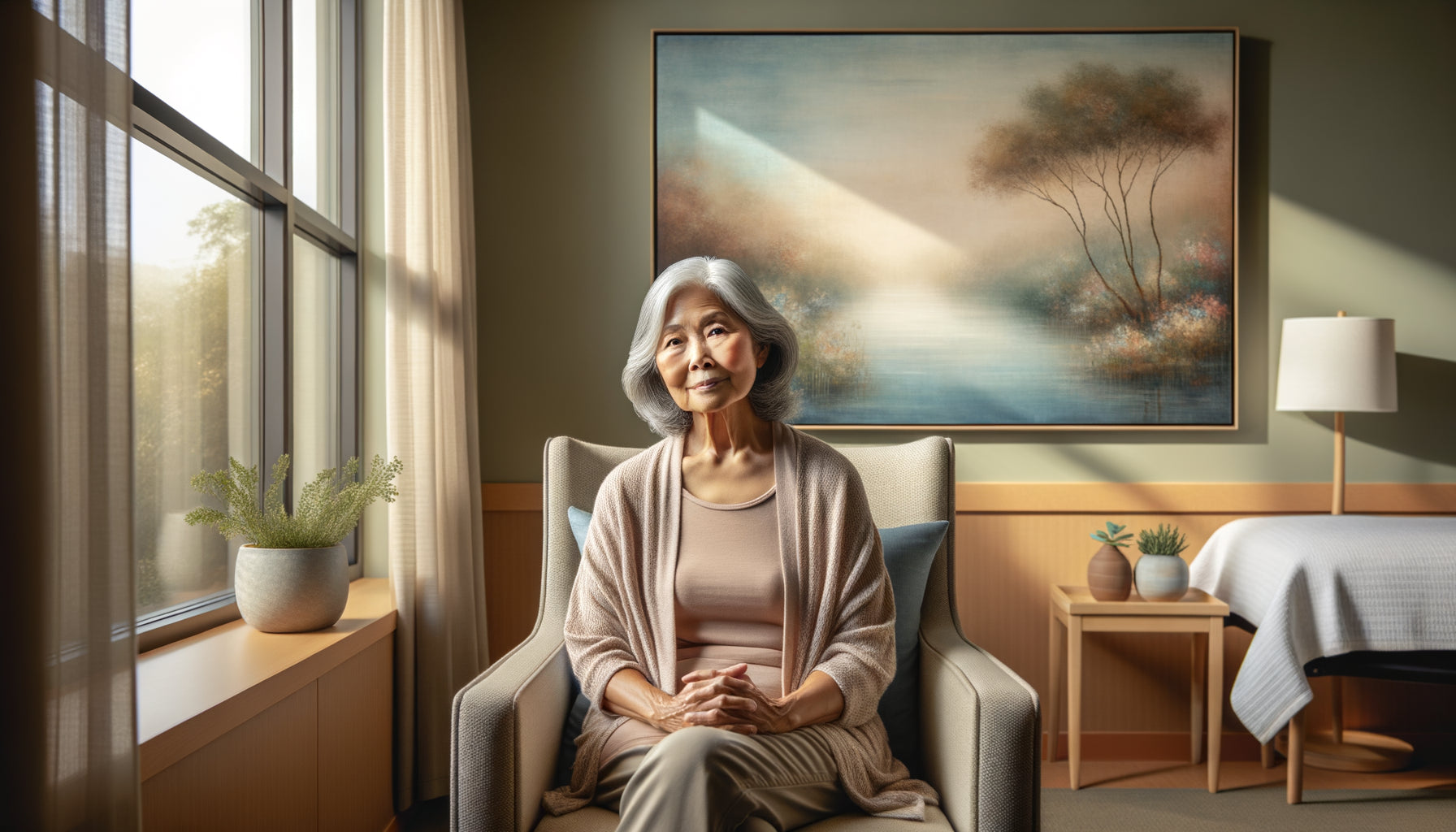 Résidente âgée apaisée contemplant un tableau aux couleurs douces dans sa chambre médicalisée, illustrant l'effet thérapeutique de l'art sur la démence