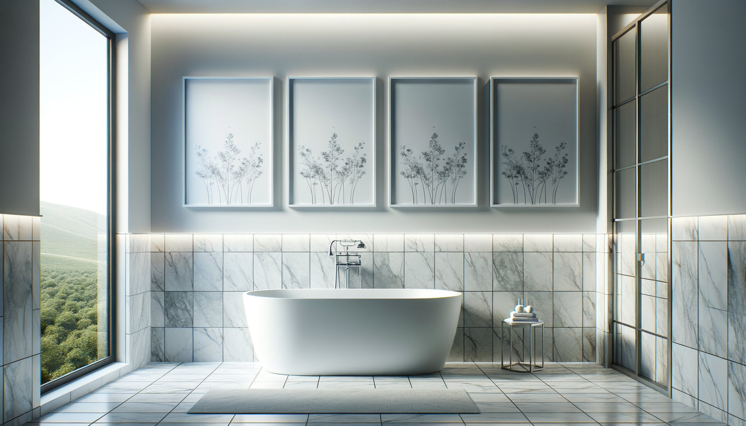 Salle de bains moderne avec baignoire blanche et trois tableaux waterproof encadrés installés au-dessus en toute sécurité