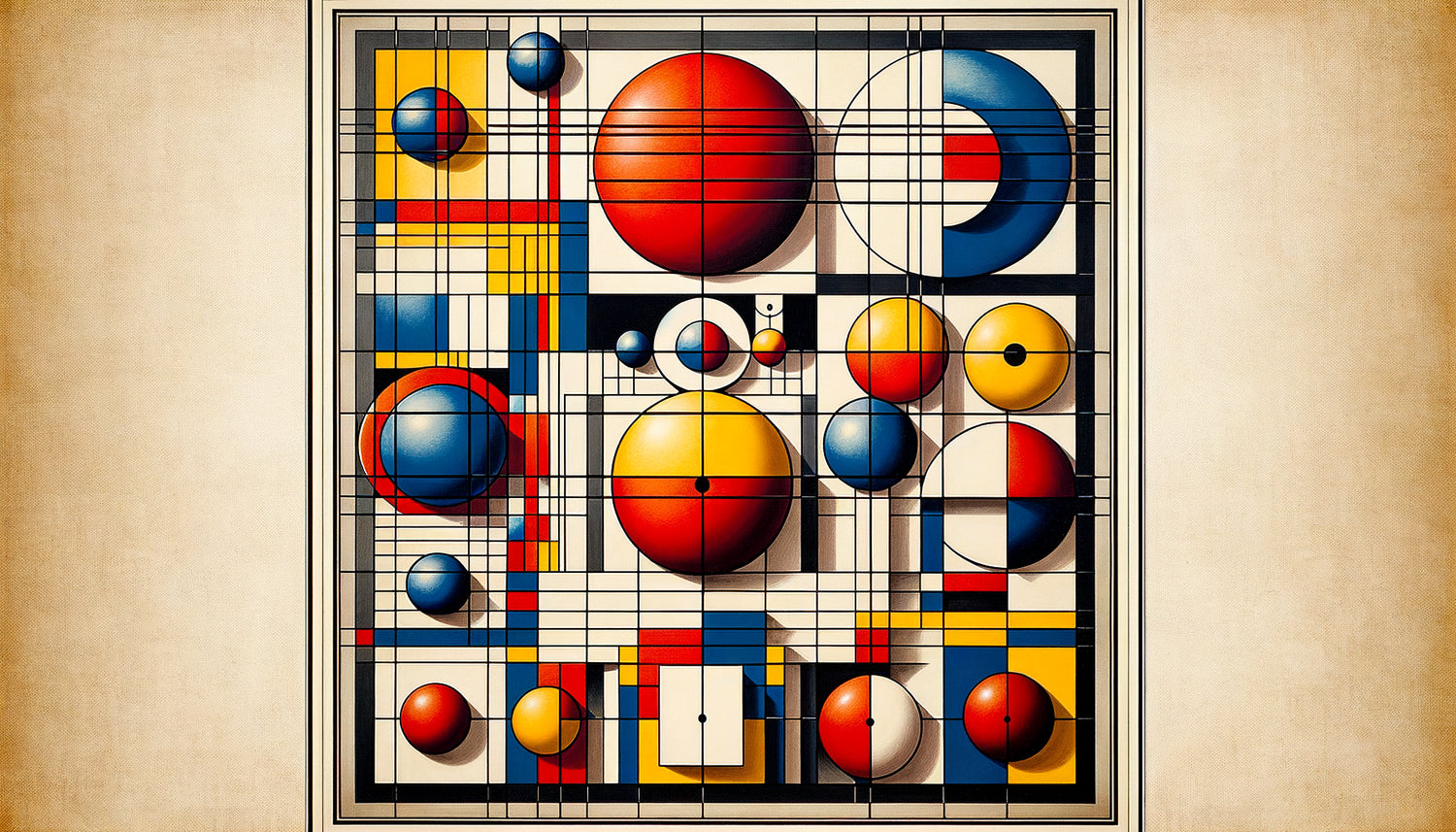 Composition géométrique Bauhaus années 1920 avec formes primaires, couleurs rouge bleu jaune et grilles noires
