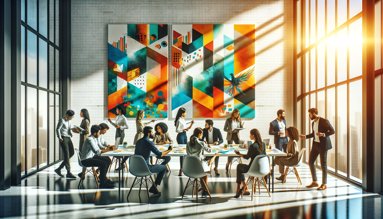 Équipe en brainstorming dans bureau moderne avec tableaux abstraits colorés stimulant la créativité