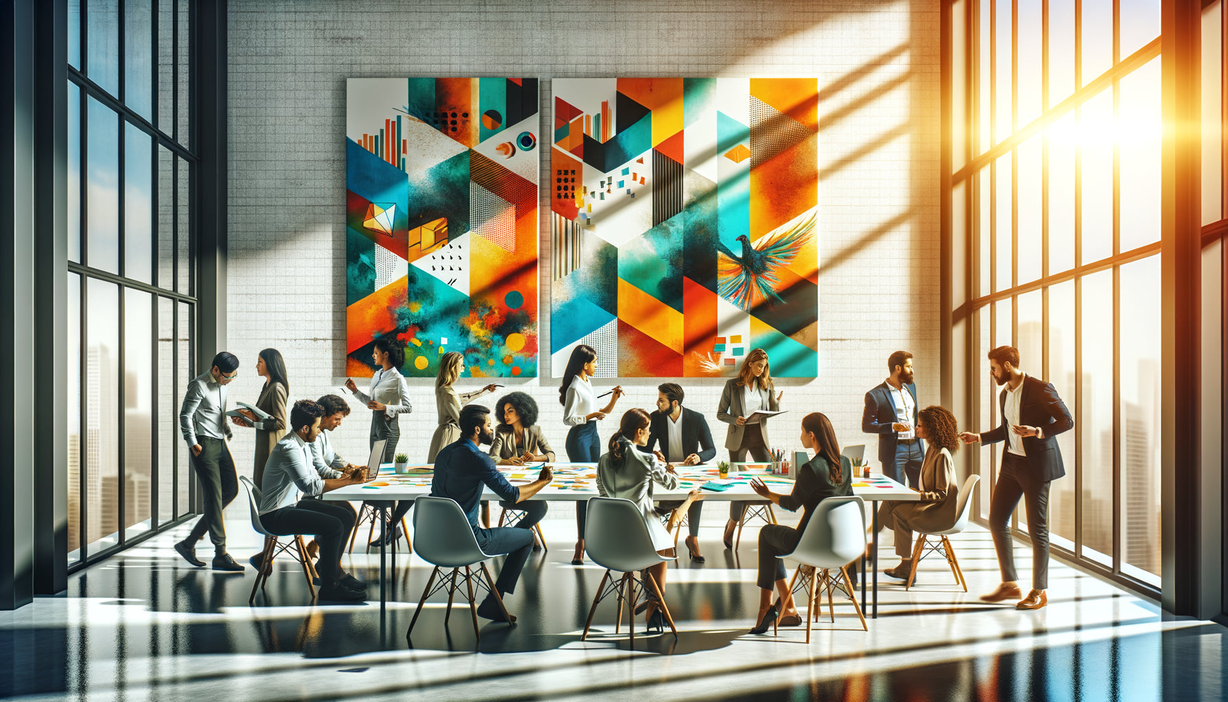 Équipe en brainstorming dans bureau moderne avec tableaux abstraits colorés stimulant la créativité